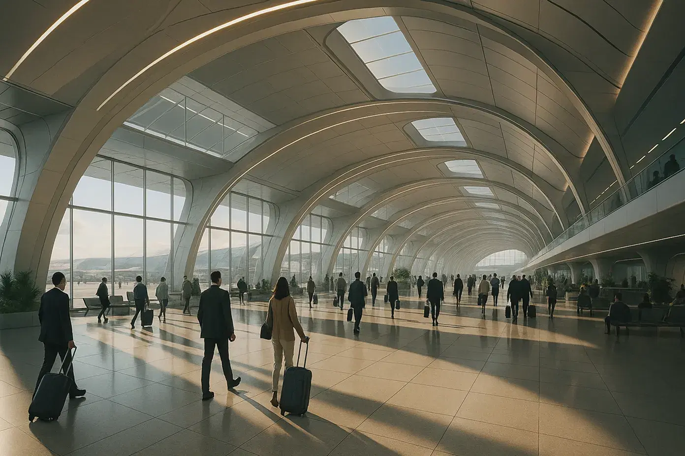 Futuristic airport concourse with natural lighting, modern arched ceilings, and business travelers walking with luggage through a spacious terminal with large glass windows.