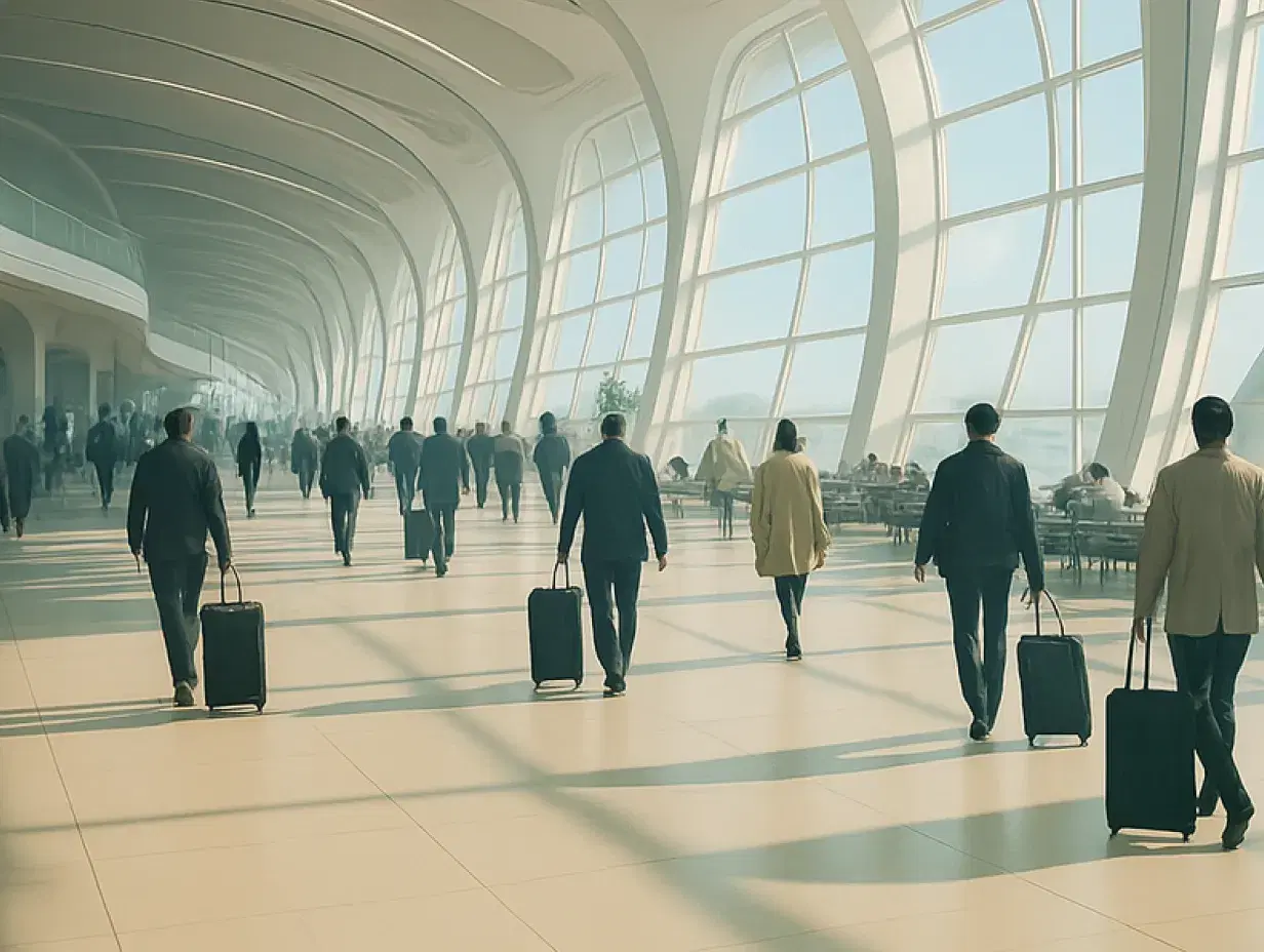 A futuristic airport concourse with large arched windows and a high, curved ceiling lets in natural light. Dozens of people walk through the spacious terminal pulling suitcases with visible handles. The interior is bright and modern, featuring soft neutral tones, minimalist architecture, and distant seating areas near the windows. The atmosphere is calm and airy, evoking efficiency and modern design.
