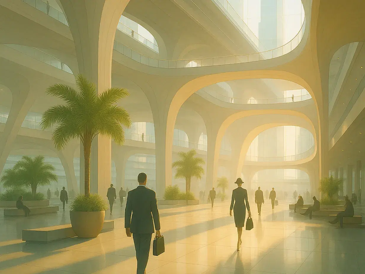 A futuristic indoor atrium with high vaulted ceilings and large, arching concrete structures is softly lit by golden sunlight streaming through floor-to-ceiling glass windows. People in business attire walk across the polished floor, casting long shadows. Tall potted palm trees and modern seating areas are scattered throughout the space, contributing to the clean, open, and modern design. Elevated walkways and glass towers are visible in the background, enhancing the futuristic cityscape ambiance.