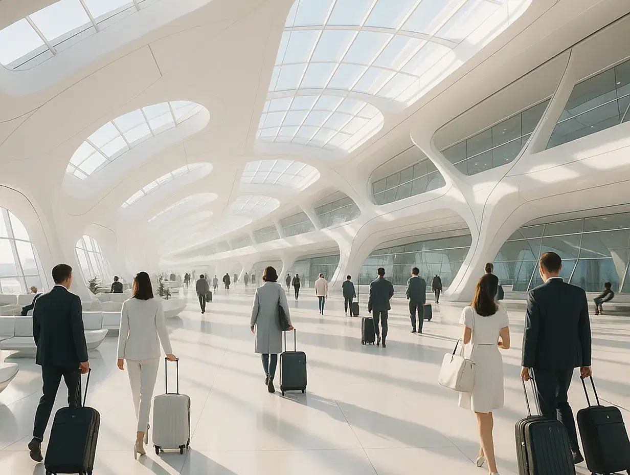 A futuristic airport concourse filled with travelers walking through a bright, spacious terminal. The architecture features sweeping curves, expansive glass skylights, and smooth white surfaces that reflect natural light. The overall atmosphere is clean, modern, and airy, with no visible signs or text.