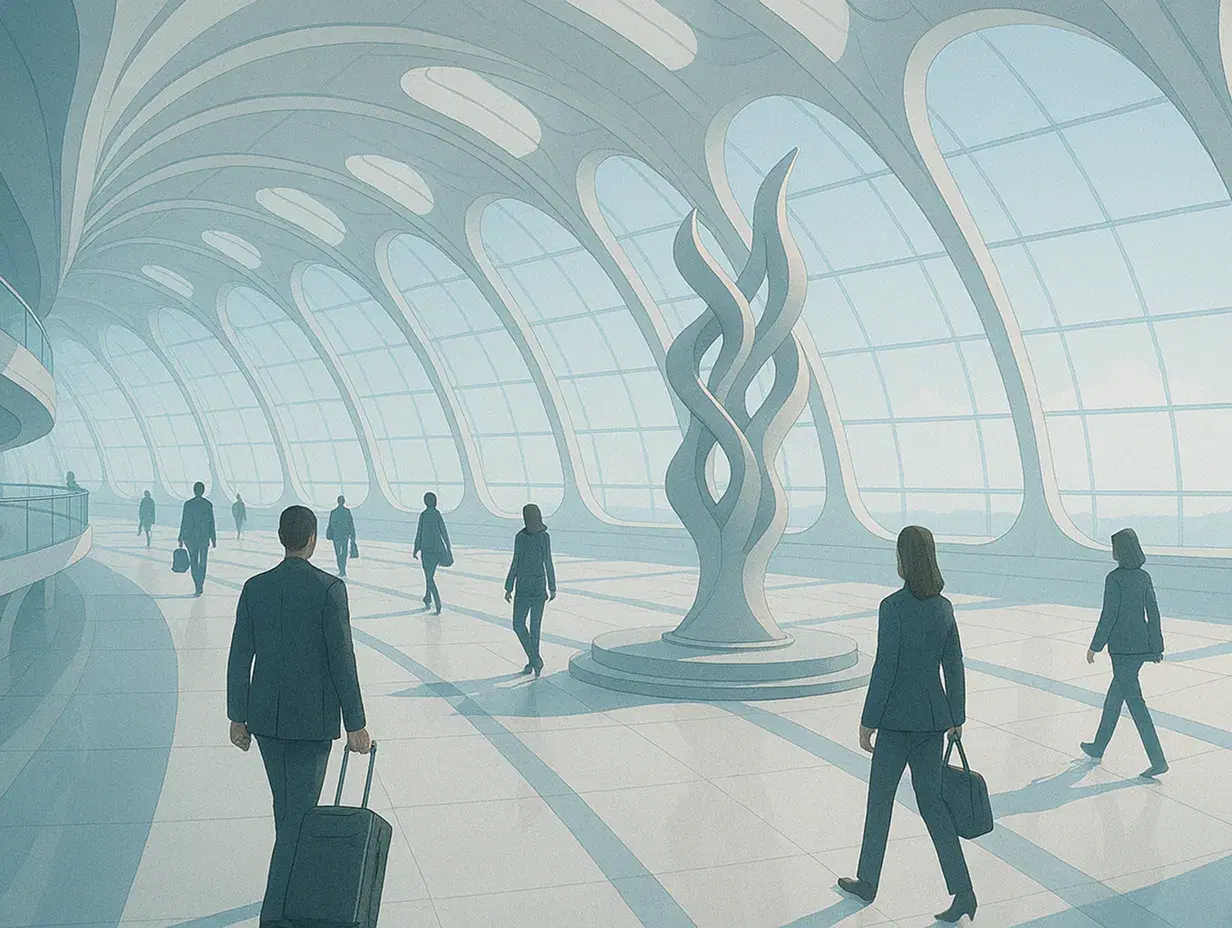 Futuristic airport terminal with a flowing, arched ceiling and large floor-to-ceiling windows that let in soft natural light. An abstract sculpture made of interwoven metallic ribbons stands in the center of the concourse. Business travelers walk calmly through the bright, open space, silhouetted by the clean, modern architecture and a distant view of mountains through the windows