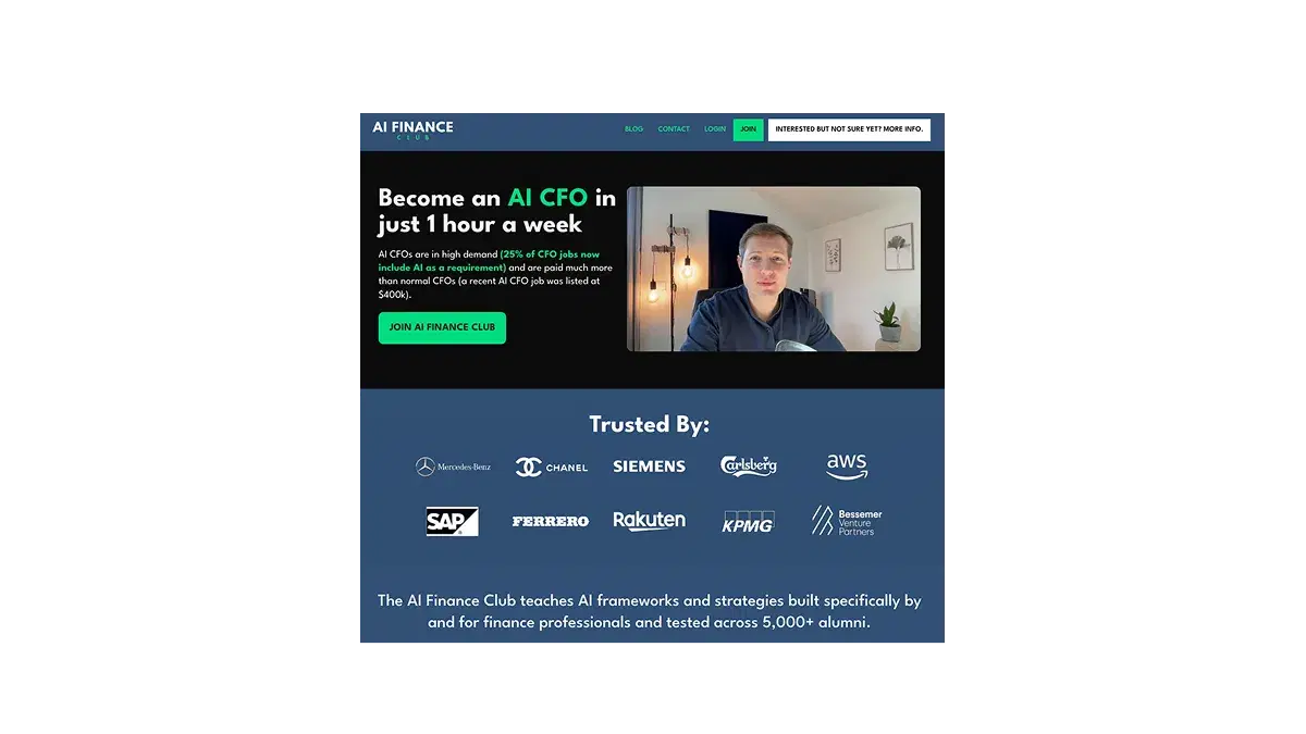 Homepage of AI Finance Club promoting AI CFO training, featuring a video thumbnail of Nicolas Boucher and logos of companies like SAP, KPMG, and AWS.
