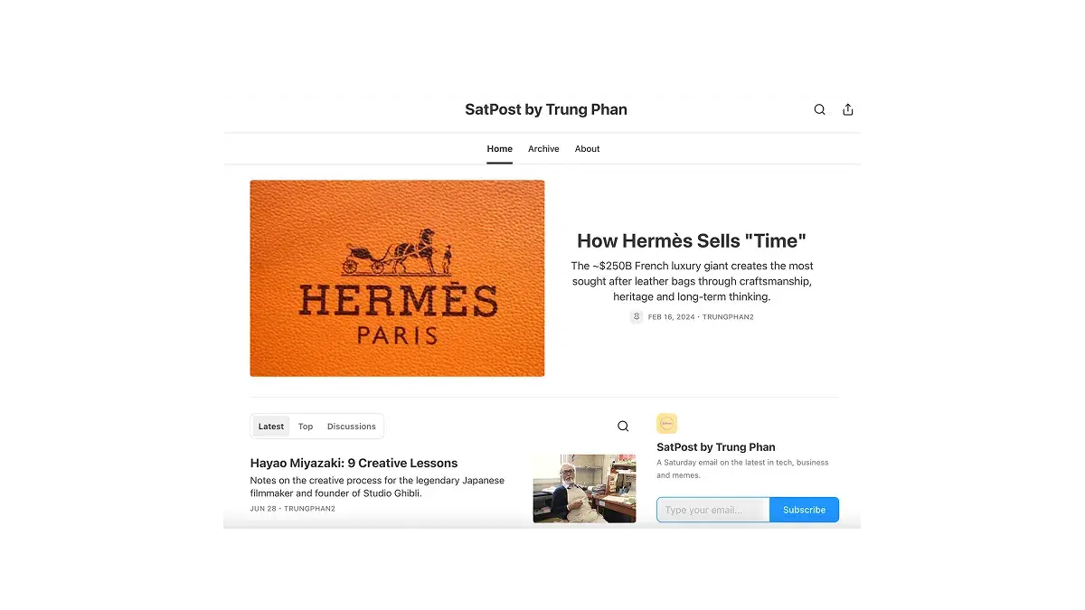 Homepage of SatPost by Trung Phan, featuring the article “How Hermès Sells 'Time'” and a banner image of the Hermès Paris logo on textured leather.