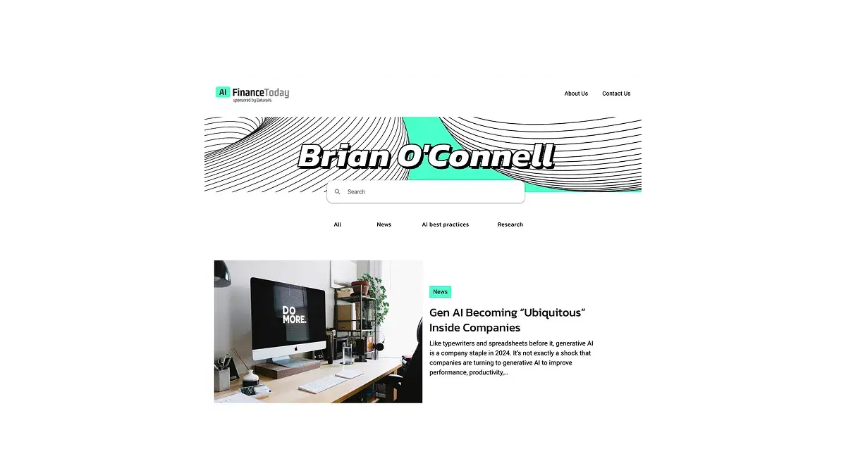 Homepage of AI Finance Today by Brian O’Connell, featuring a bold banner with his name and a featured article on generative AI in companies.