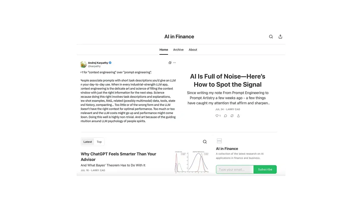 Homepage of the AI in Finance newsletter by Larry Cao, featuring the article “AI Is Full of Noise—Here’s How to Spot the Signal” and a featured tweet by Andrej Karpathy.