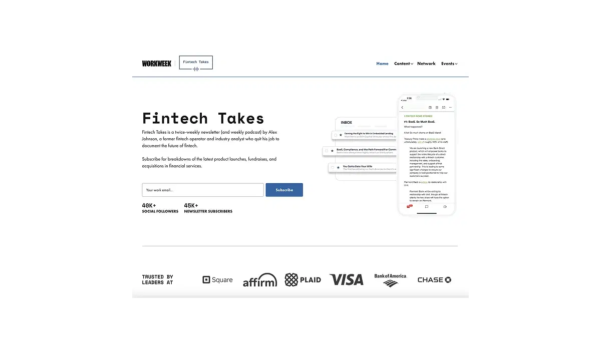 Homepage of Fintech Takes by Alex Johnson, featuring a newsletter subscription form, mobile preview of an issue, and logos from companies like Visa, Chase, and Plaid.