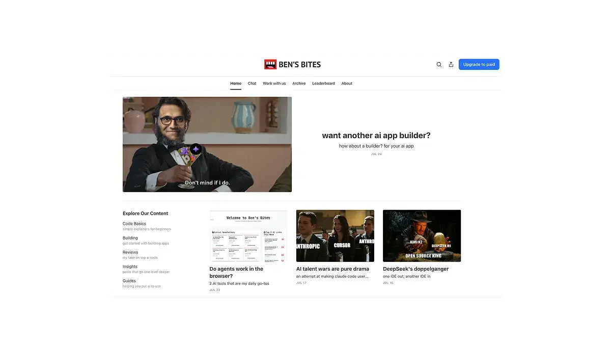 Homepage of Ben’s Bites, featuring a meme-style hero image, recent AI tool reviews, and playful article headlines like “Do agents work in the browser?”