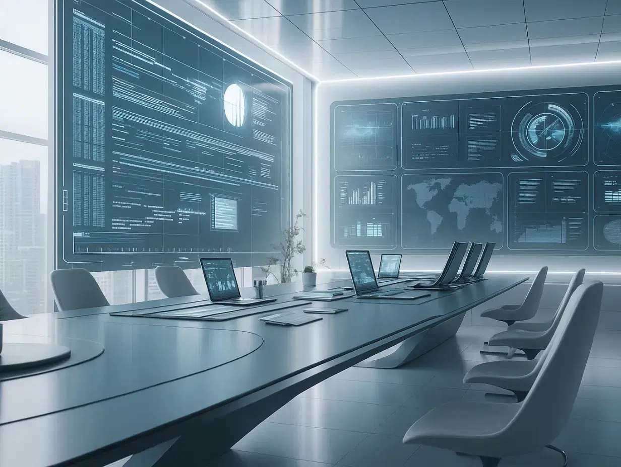 Modern executive boardroom with floor-to-ceiling digital displays showing data analytics, charts, and world maps, featuring a sleek conference table with leather chairs and city skyline view