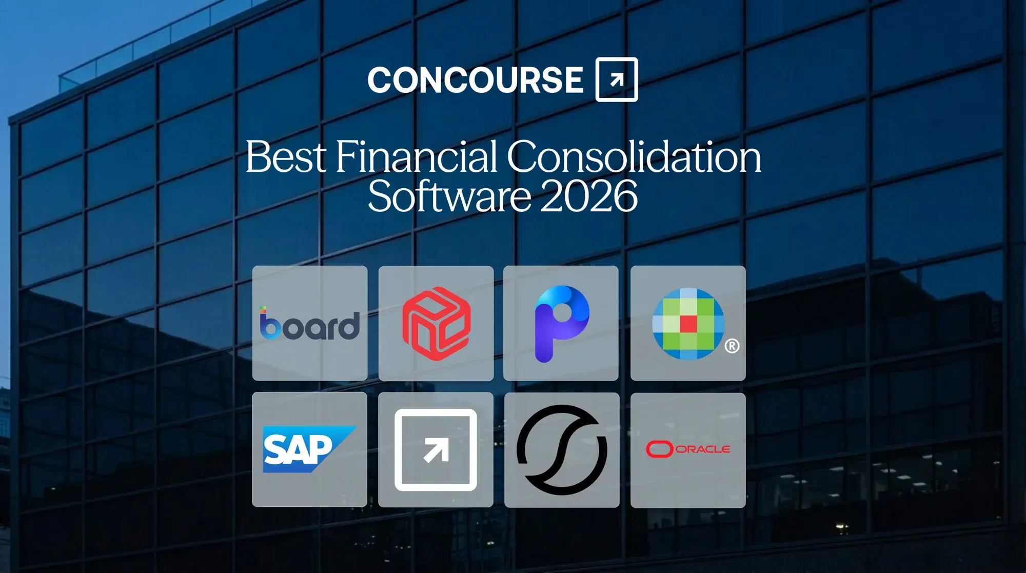 Concourse "Best Financial Consolidation Software in 2026" cover graphic: the Concourse wordmark and title beside a grid of consolidation vendor logos over a dark blue glass building.