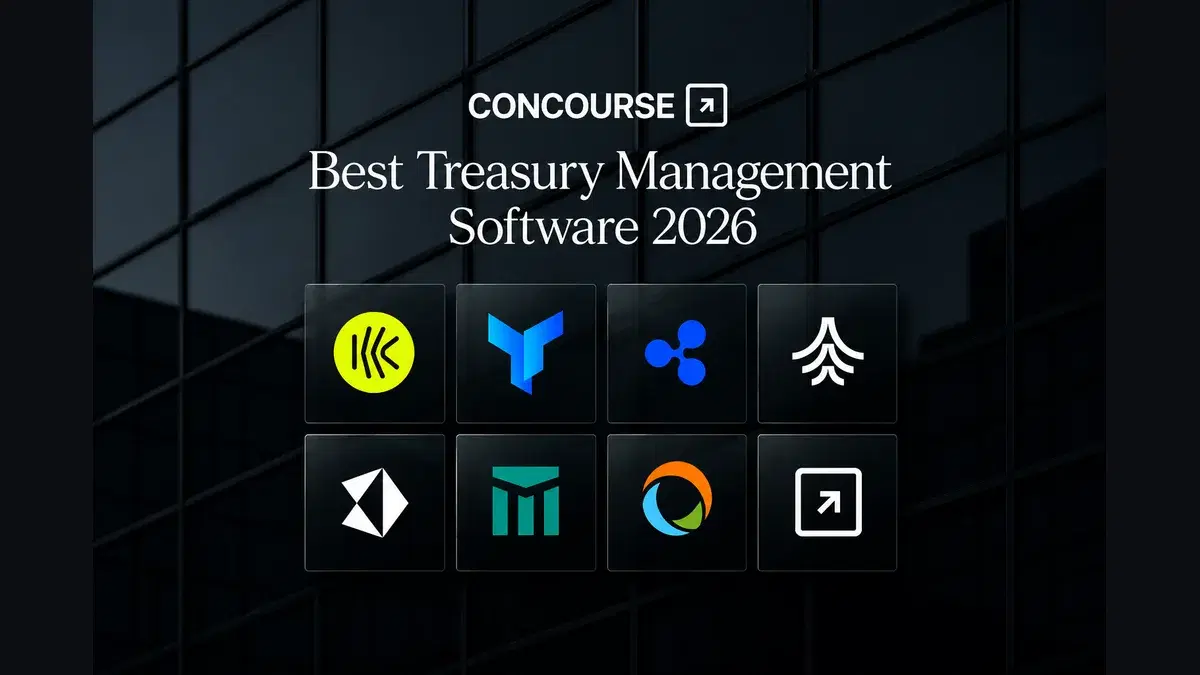 Concourse "Best Treasury Management Software 2026" cover graphic showing the logos of the eight treasury platforms compared in this guide on a dark building-facade background.