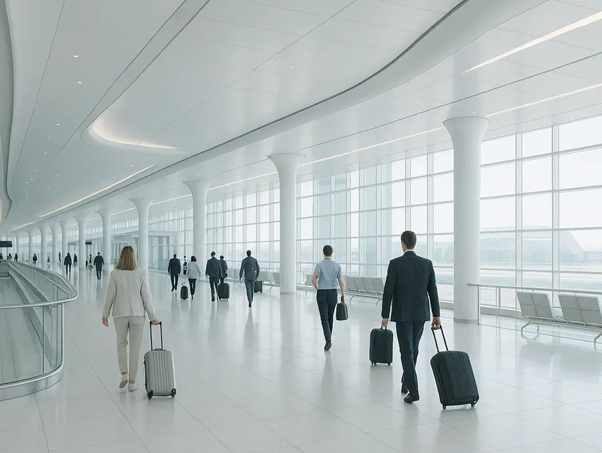 Futuristic airport concourse with natural lighting and streamlined architecture, symbolizing modern finance operations. Business travelers walk through the terminal, representing AI-powered treasury workflows, real-time cash visibility, and intelligent liquidity management.