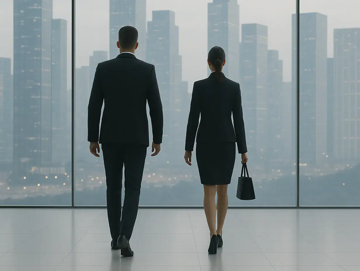A man and a woman in business attire walk side by side inside a modern office building, facing tall floor-to-ceiling windows. Beyond the glass, a city skyline with illuminated skyscrapers stretches into the distance under a soft, overcast sky. Their reflections are visible on the polished floor, and the perspective creates a calm, professional atmosphere.