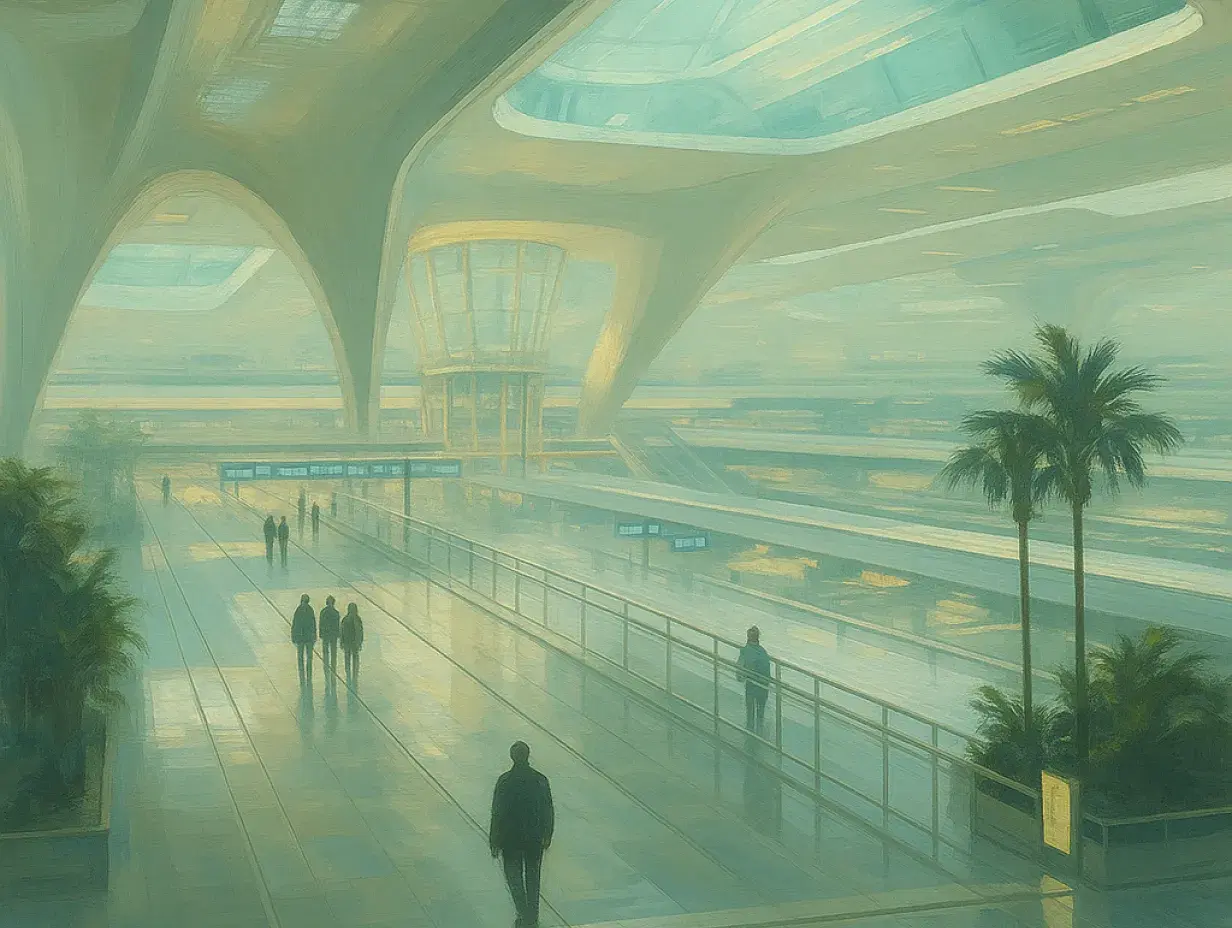 Airport concourse in a futuristic society