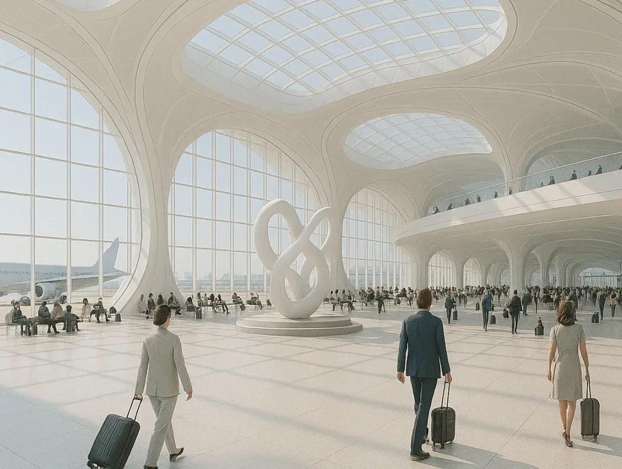 A bright, futuristic airport concourse with flowing white architectural curves and large glass skylights that flood the space with natural light. The terminal is filled with travelers—some walking with luggage, others seated along the windows or upper balcony. At the center stands a large, modern abstract sculpture with intertwined loops on a raised platform. In the background, an airplane is visible on the tarmac through the expansive floor-to-ceiling windows. The space feels airy, modern, and bustling with activity.