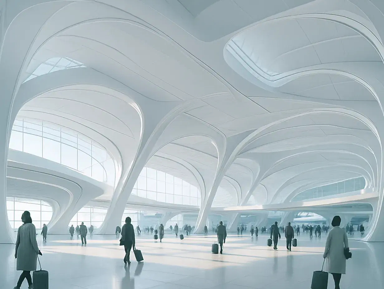 Futuristic airport concourse with flowing white architecture, curved ceiling arches, and expansive glass walls. Soft natural light fills the space as travelers with luggage move through the terminal in various directions. The design is open and airy, with smooth, minimal surfaces and a light color palette emphasizing a high-tech, modern aesthetic.