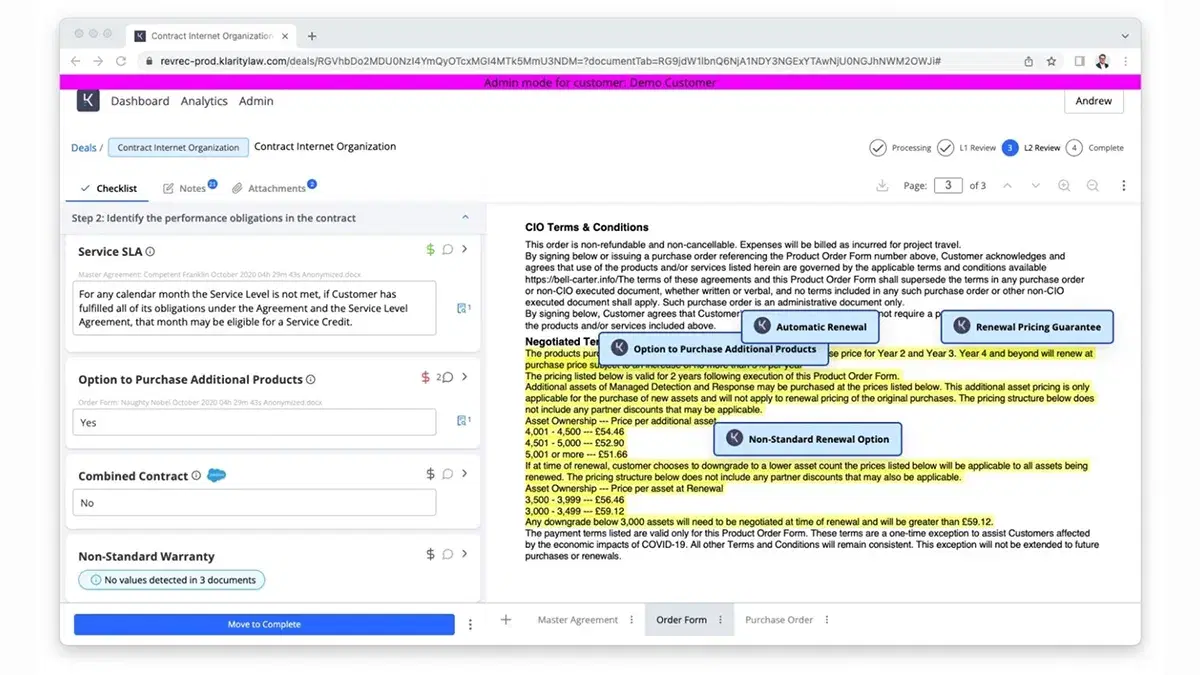 Klarity AI contract review dashboard displaying a legal document with highlighted clauses for “Automatic Renewal,” “Renewal Pricing Guarantee,” and “Non-Standard Renewal Option.” The interface includes a checklist on the left for identifying contract performance obligations, with fields for Service SLA, warranty terms, and purchase options. The highlighted legal terms appear on page 3 of 3, with contextual annotations and extracted contract metadata. Top navigation includes tabs for Dashboard, Analytics, and Admin.