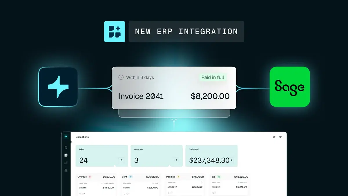 Tabs product graphic highlighting its ERP integration with Sage, showing an invoice marked paid in full alongside a Collections dashboard with DSO, overdue, and collected totals.