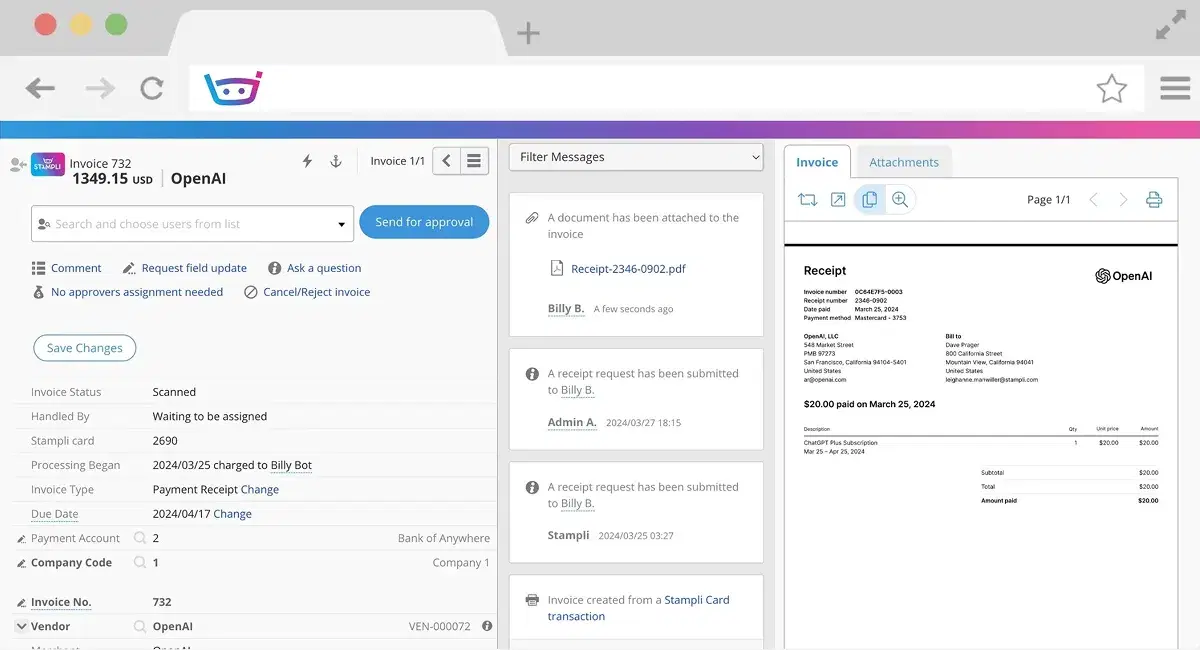 Stampli invoice processing interface showing an OpenAI invoice for $1,349.15. The platform displays invoice details such as status (scanned), handler (waiting to be assigned), processing date, and due date. The center panel includes activity messages like receipt requests and document attachments. On the right, a PDF invoice preview is shown with a breakdown of charges and confirmation of $200 paid on March 25, 2024. Controls allow users to approve, reject, or comment on the invoice.