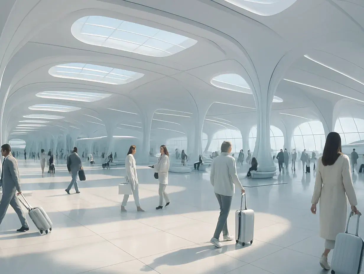 A spacious, futuristic airport concourse filled with natural light. The terminal features sleek, white, curved architectural structures with skylights and smooth reflective floors. People dressed in light-colored clothing walk with luggage or interact casually, creating a calm, modern atmosphere with no visible signs or numbers.