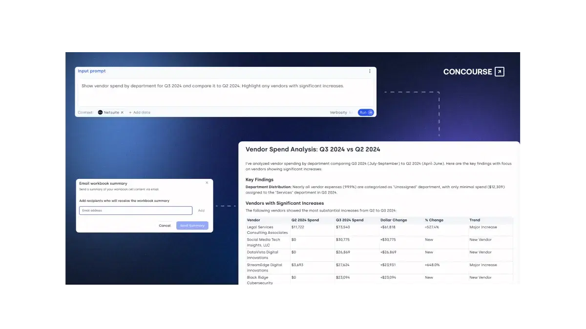 Screenshot of the Concourse AI platform generating an AR Aging Summary Report as of July 17, 2024. At the top, the input prompt instructs: "Generate an AR aging summary report as of July 17, 2024 using NetSuite transaction dates. Group all open balances into standard aging buckets (0–30, 31–60, 61–90, >90 days past due) and flag any transactions over 90 days." Below, the AI-generated report summarizes total AR balance ($24.9M), average days outstanding (624), and customers with overdue balances (100% over 90 days). A table breaks down AR amounts and transaction counts across each aging bucket. On the right, downloadable CSV files are displayed: “ar_aging_summary_by_customer.csv” and “ar_aging_over_90_days_detail.csv.” Concourse logo appears in the upper-right corner.