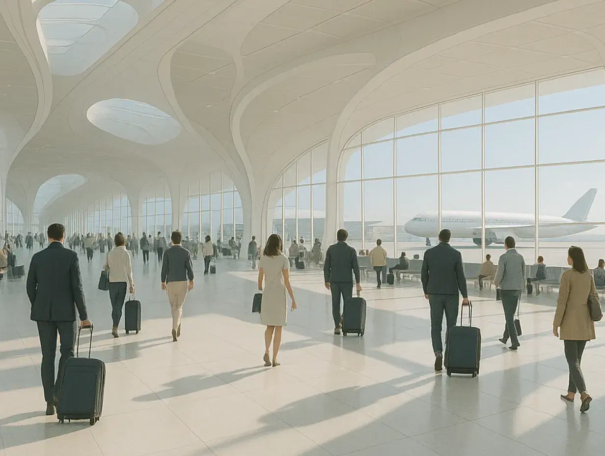 A futuristic airport concourse with a bright, airy design and a light color scheme. The terminal features tall, curved white ceilings with skylights, expansive glass windows, and modern signage directing travelers to gates. People are walking with luggage and sitting near windows, creating a calm and efficient atmosphere. Airplanes are visible outside on the tarmac.