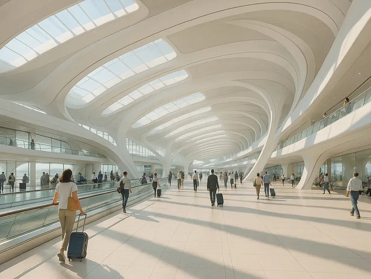 3D-rendered image of a futuristic airport concourse with a light color scheme, open architectural design, and people walking through a spacious, high-tech environment—no signage or sculptures present.