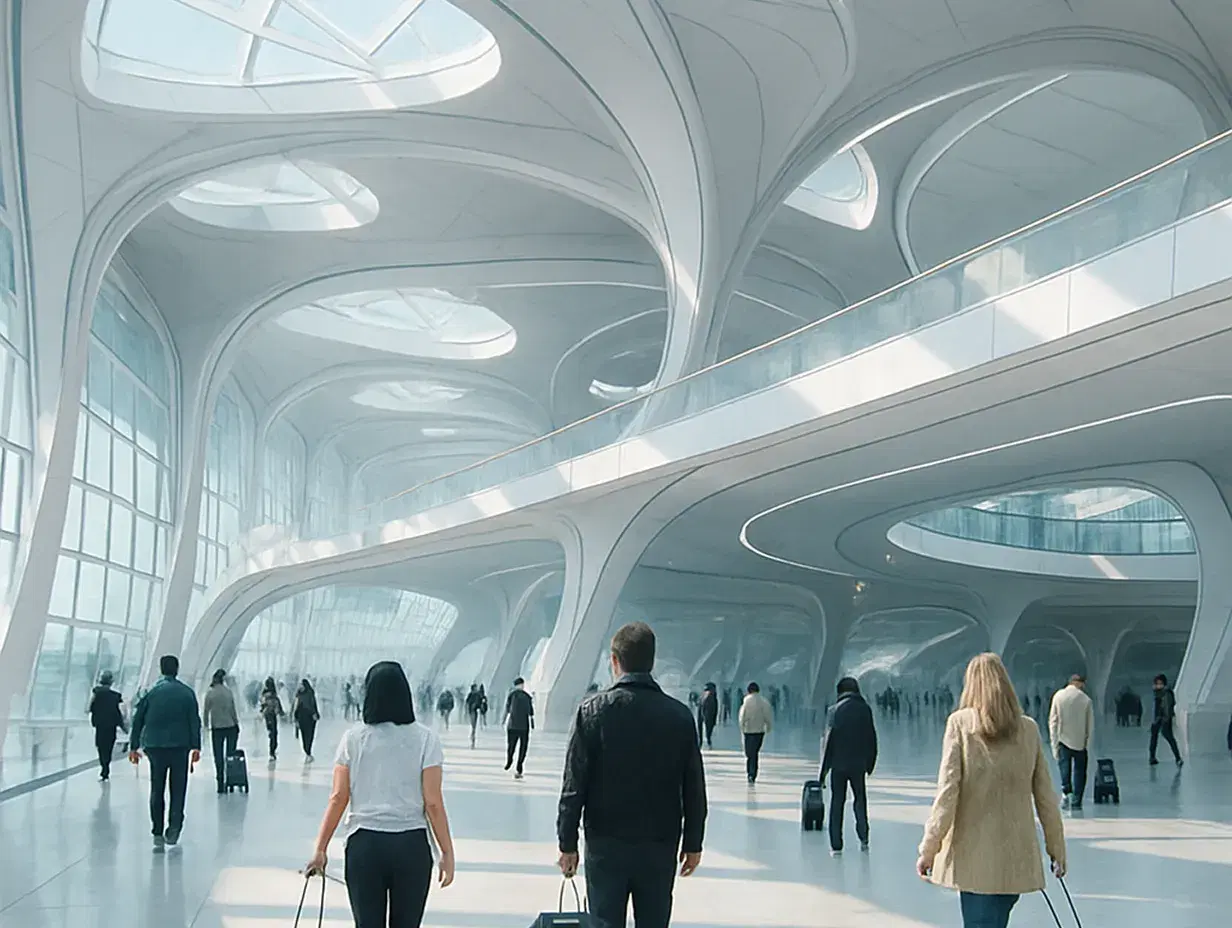 ChatGPT said: A bright, futuristic airport concourse with sweeping white architectural curves, expansive skylights, and floor-to-ceiling glass walls. Travelers with rolling luggage walk away from the viewer across the polished floor, surrounded by an airy, open atmosphere filled with natural light.