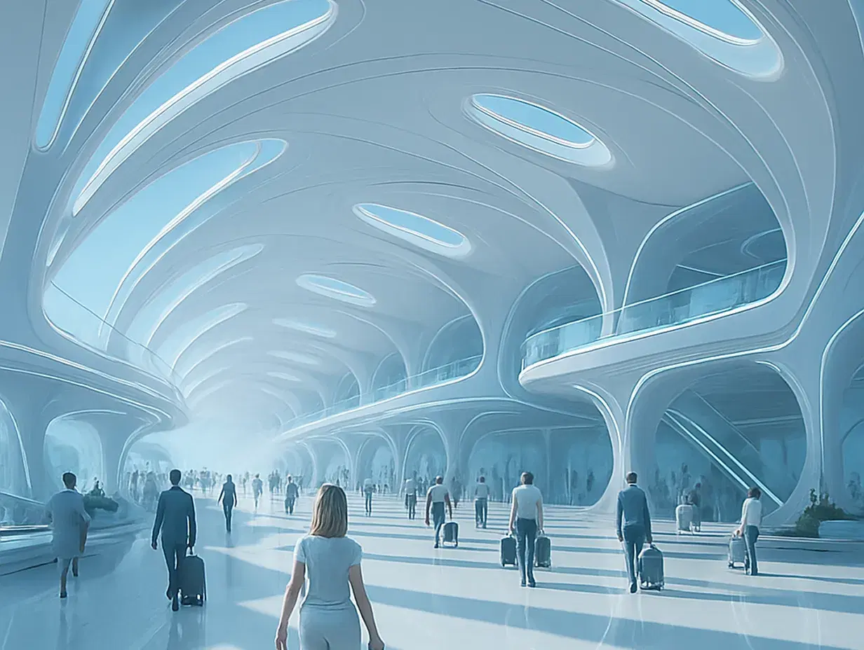 Futuristic airport concourse with sleek, curved architecture and a light blue color scheme. Travelers walk with luggage beneath a vaulted ceiling featuring organic skylights and elevated walkways.