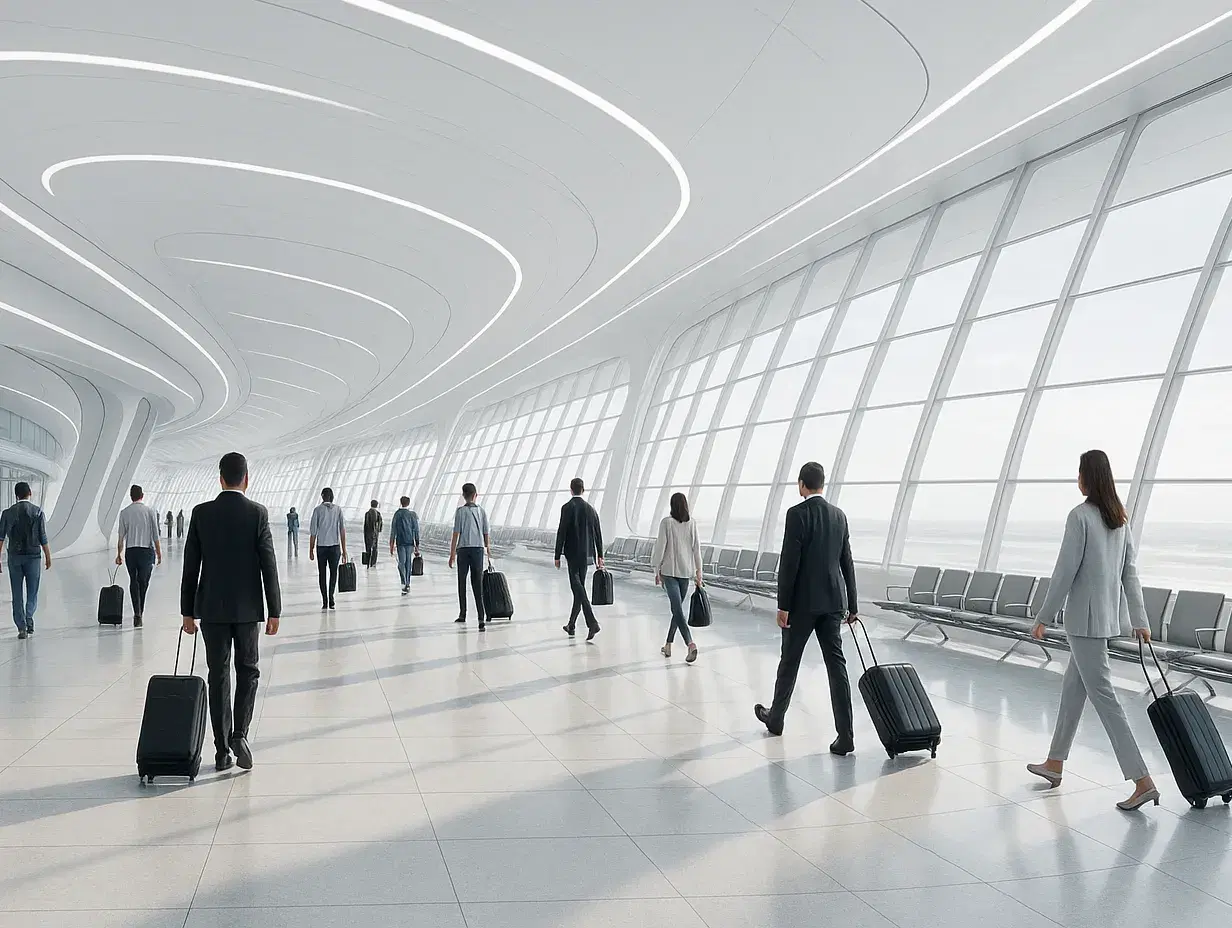 Futuristic airport concourse with smooth white architecture, large curved windows, and business travelers walking with rolling suitcases. The terminal is filled with natural light and minimal seating, conveying a clean, modern design.