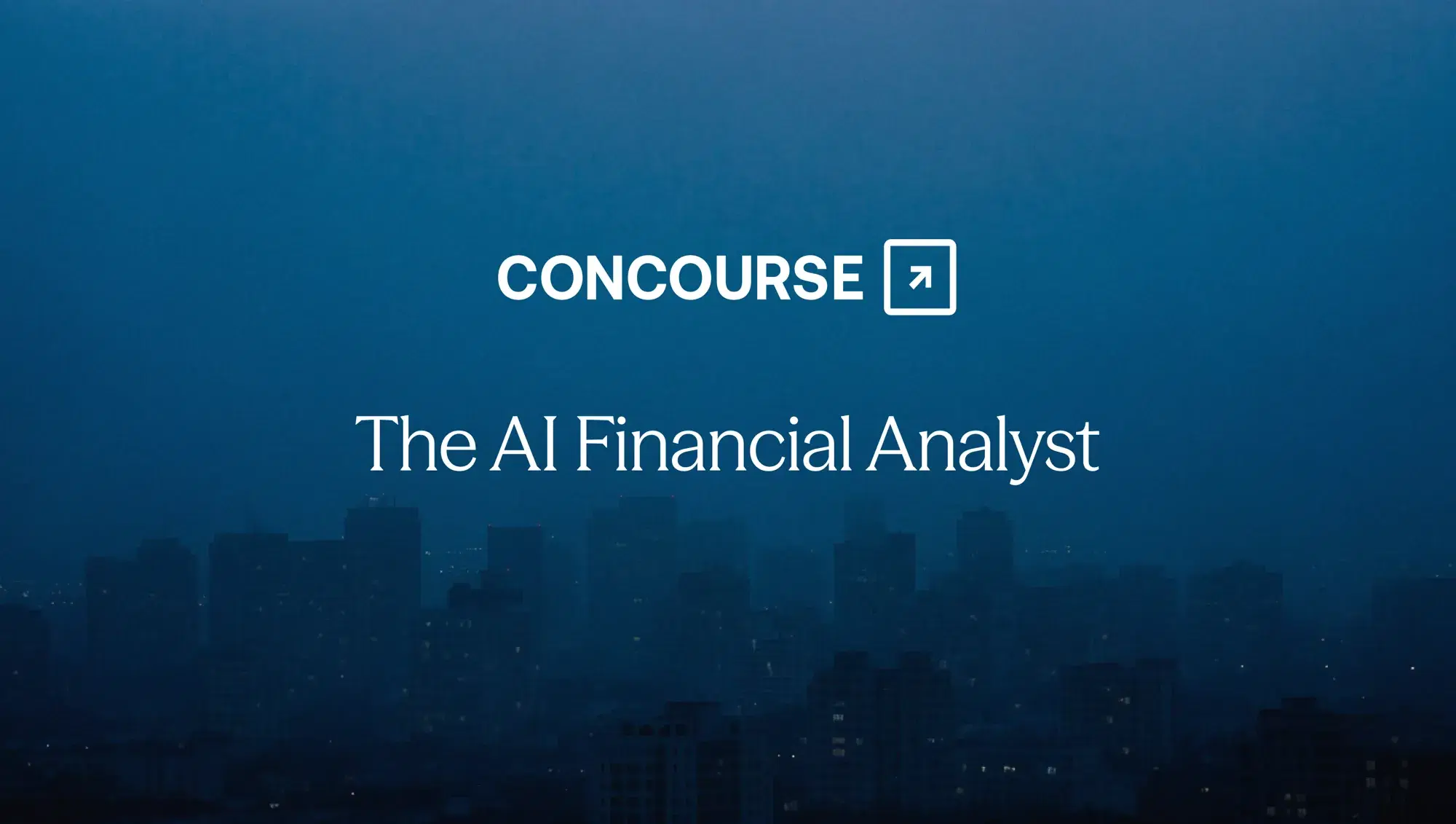 Concourse "The AI Financial Analyst" cover graphic: the Concourse wordmark and title in white over a hazy blue city skyline at dusk.