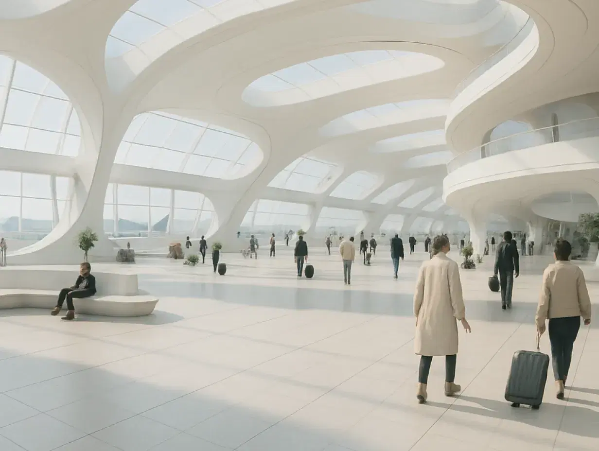 A bright, futuristic airport concourse with curved white architecture, large floor-to-ceiling windows, and abundant natural light. People walk through the open space with rolling suitcases, while others sit on modern benches. The terminal features smooth lines, high ceilings with skylights, and minimalistic decor, creating a spacious and modern atmosphere.
