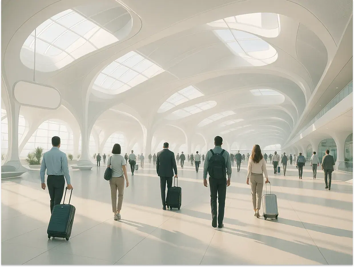 A futuristic airport concourse filled with natural light, featuring curved white architecture, skylights, and travelers walking away into the distance with luggage.