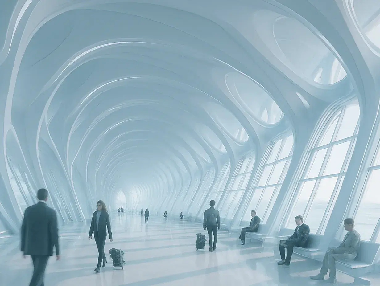 A futuristic airport concourse with flowing, organic white architecture, large curved windows, and travelers walking or sitting in a bright, spacious terminal.