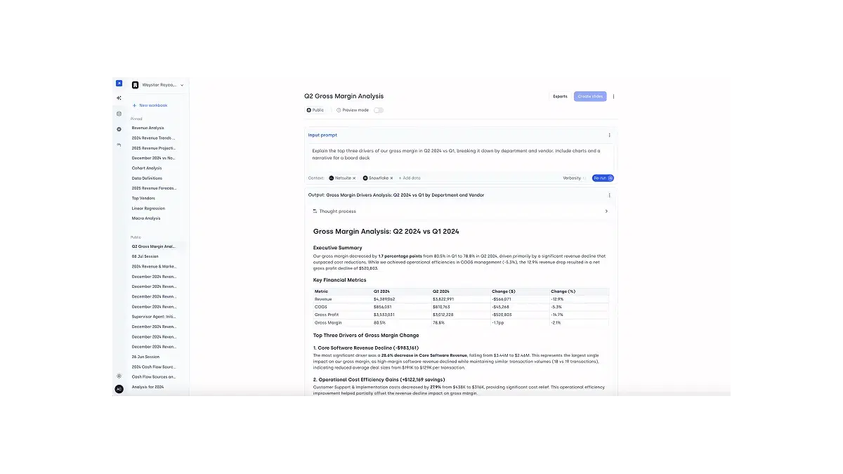 Screenshot of a Concourse FP&A workbook showing an AI-generated gross margin analysis for Q2 2024 vs Q1 2024, including an executive summary, financial metrics table, and top drivers.