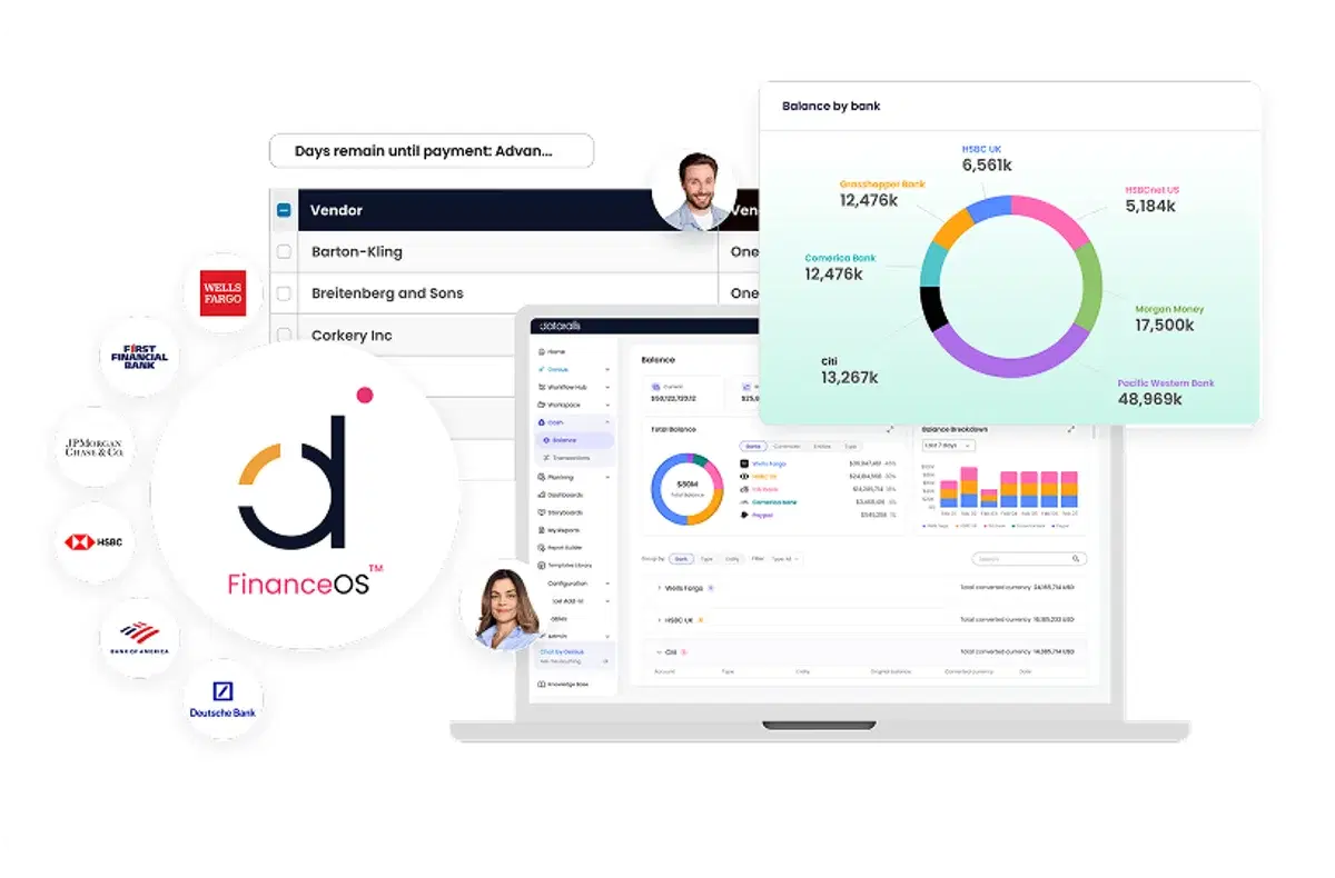 Screenshot of the Datarails FinanceOS dashboard showing consolidated bank balances by institution, a total-balance breakdown, and accounts-payable vendor payment tracking, with connected banks like HSBC, JPMorgan Chase, and Wells Fargo.