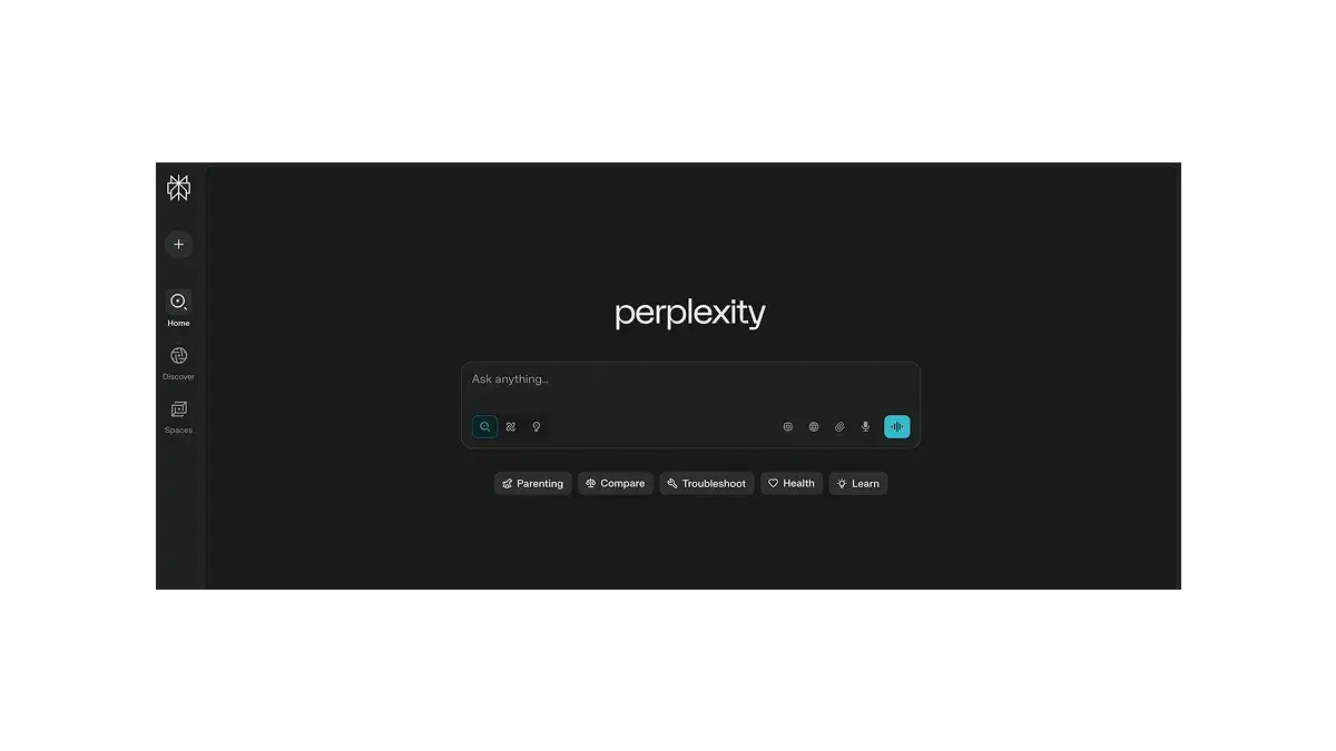 Screenshot of the Perplexity AI homepage in dark mode, featuring a search prompt and topic suggestions like Parenting, Compare, Troubleshoot, Health, and Learn.