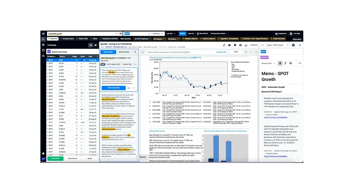 Screenshot of the AlphaSense platform displaying a Deutsche Bank equity research report on Spotify’s subscriber growth, with highlighted text, historical price charts, and equity rating visuals.