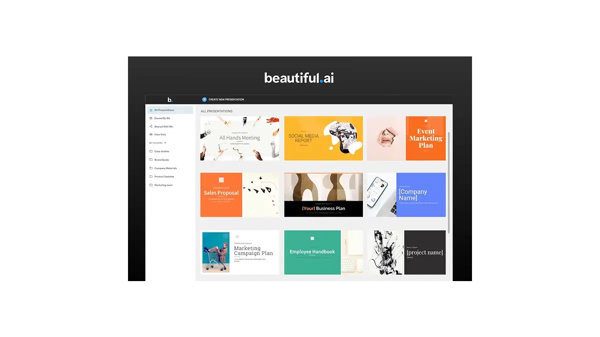 Screenshot of the Beautiful.ai dashboard displaying a grid of presentation templates, including titles like "All Hands Meeting," "Social Media Report," "Sales Proposal," and "Marketing Campaign Plan," with a sidebar menu on the left for navigating folders and presentation categories.