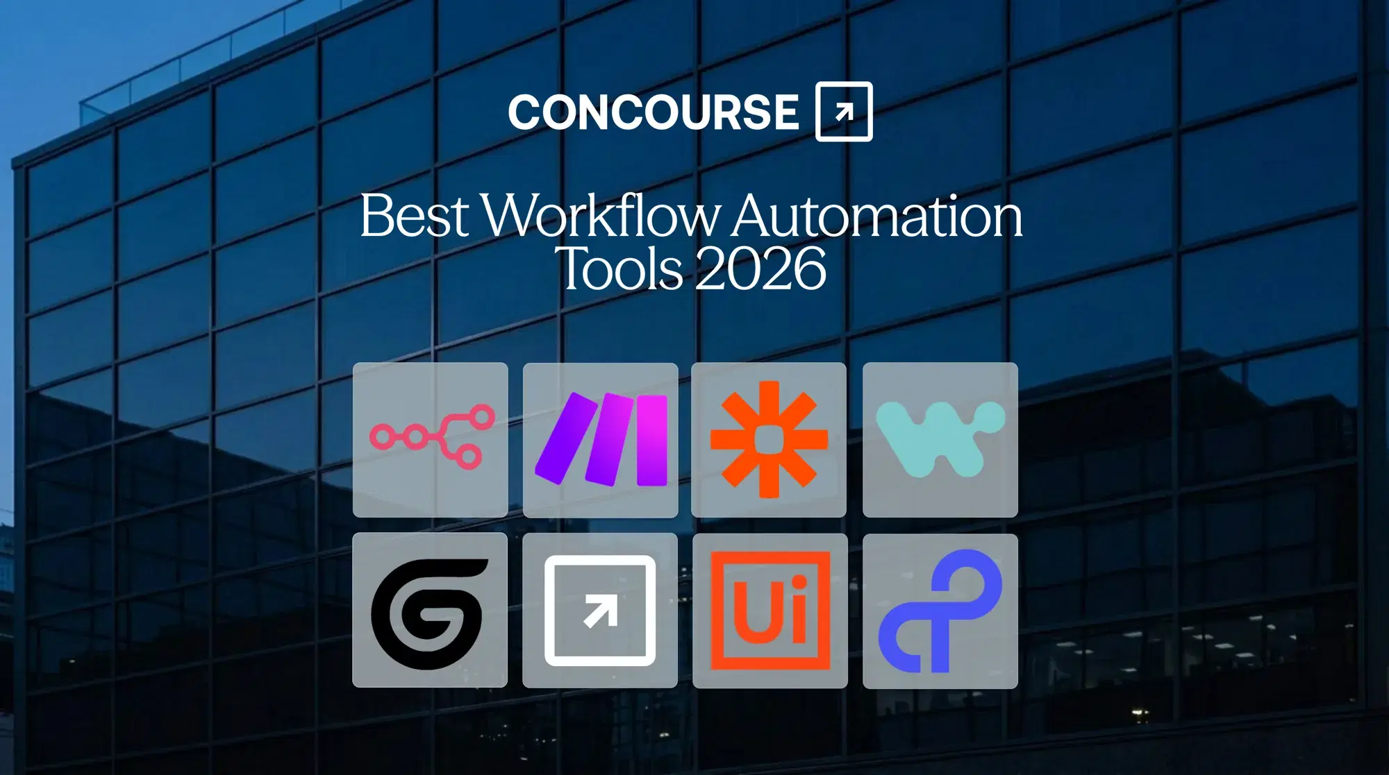Concourse "Best AI Workflow Automation Tools in 2026" cover graphic: the Concourse wordmark and title beside a grid of workflow automation vendor logos over a dark blue glass building.