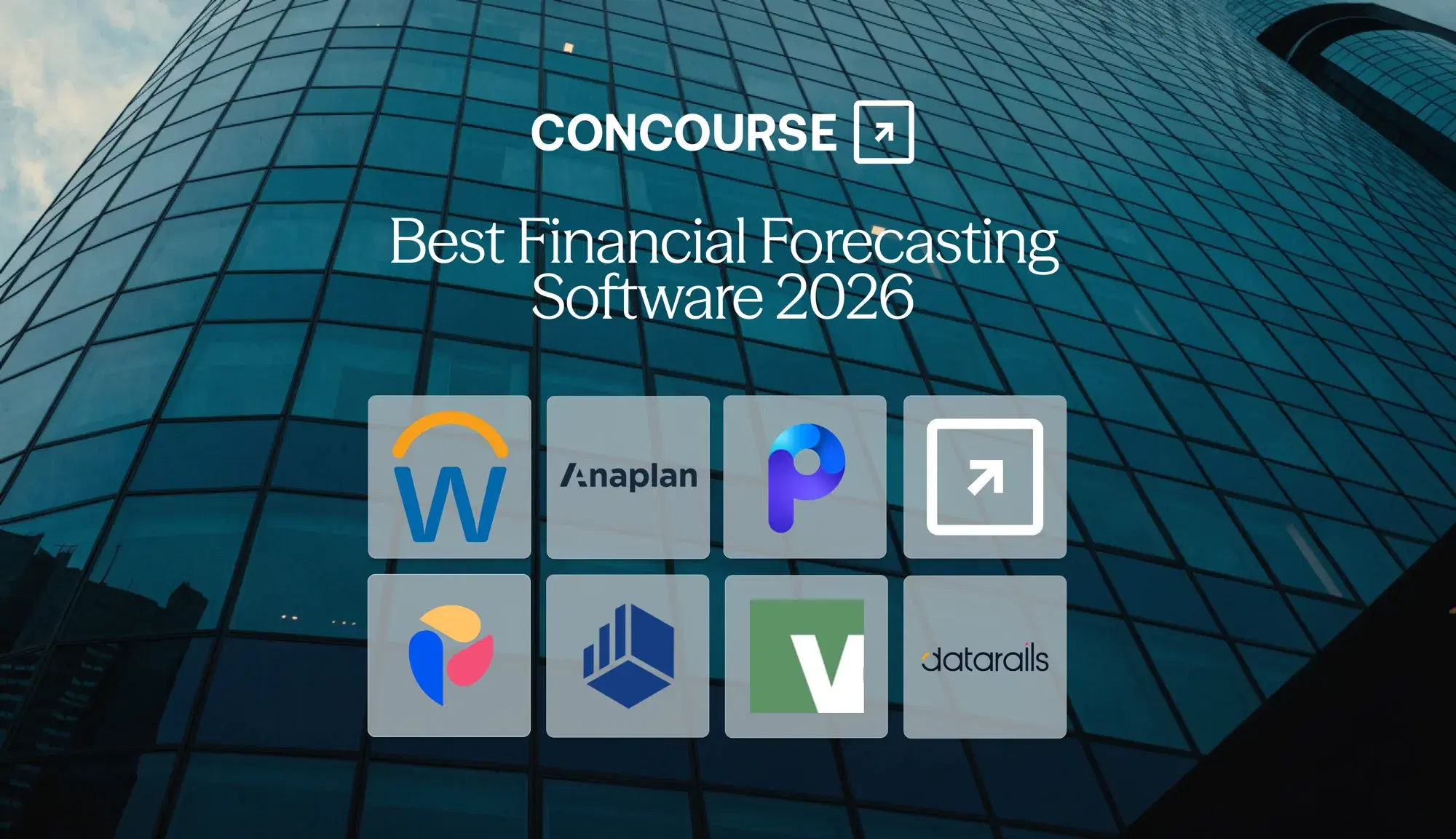 Concourse "Best Financial Forecasting Software in 2026" cover graphic: the Concourse wordmark and title beside a grid of FP&A vendor logos over a dark blue glass building.