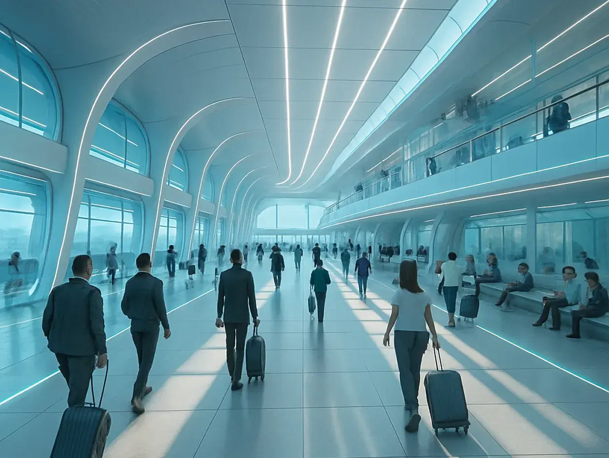 Futuristic airport terminal with a bright, open design featuring arched ceilings, ambient LED strip lighting, and large glass windows. Passengers walk with luggage across a spacious concourse with clean lines and modern architecture, evoking efficiency and technological advancement.
