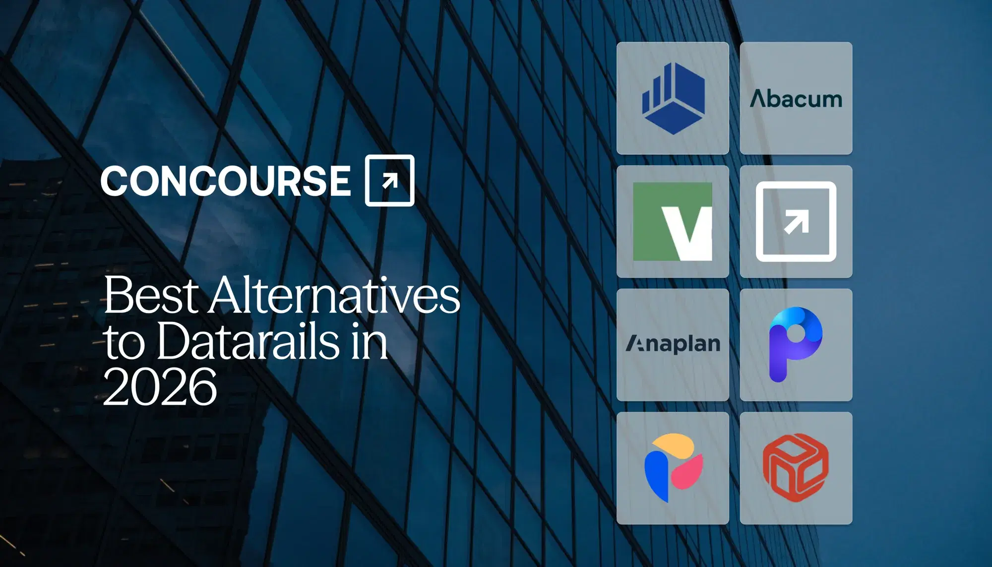 Concourse "Best Alternatives to Datarails in 2026" cover graphic: the Concourse wordmark and title beside a grid of FP&A vendor logos over a dark blue glass building.