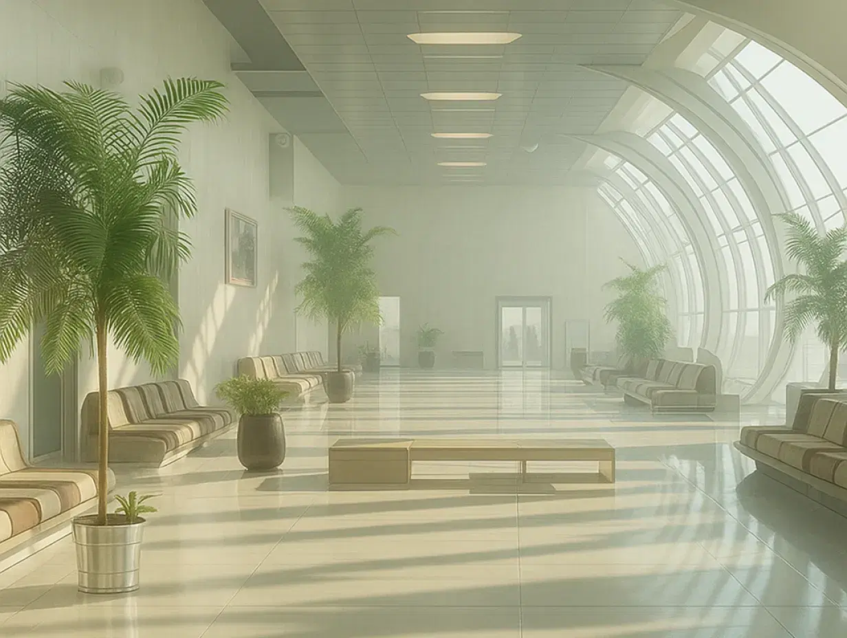 A modern, futuristic airport concourse with curved glass walls letting in soft daylight. The interior is clean and spacious with rows of sleek seating along both sides, interspersed with large potted palm plants. The space is mostly empty, creating a calm, serene atmosphere. The design emphasizes openness, natural light, and minimalistic elegance.