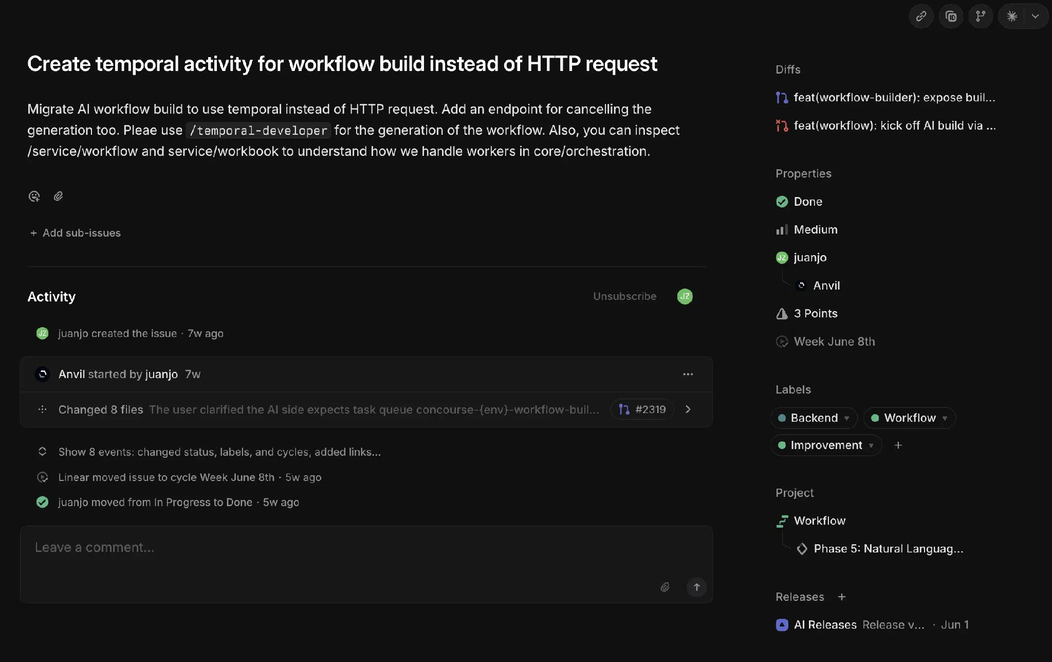 A Linear issue "Create temporal activity for workflow build instead of HTTP request", started by Anvil, eight files changed, marked Done.