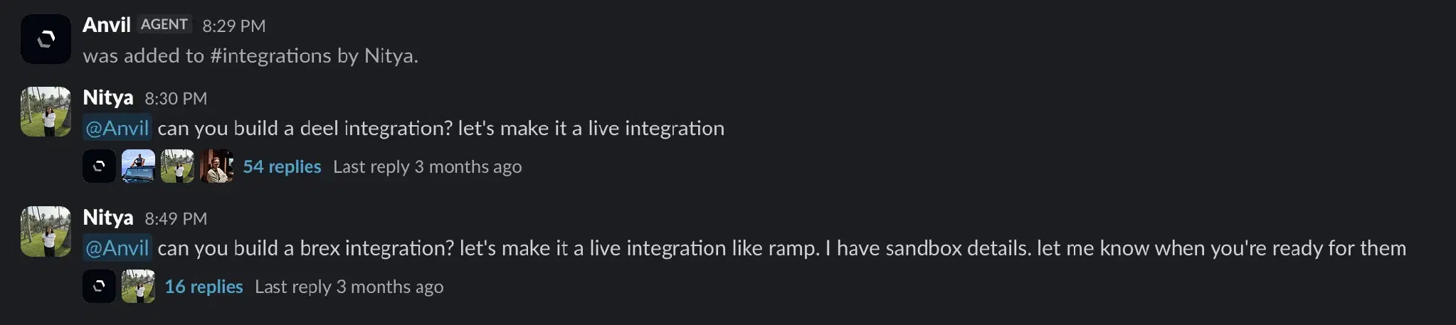 A Slack thread where Anvil is mentioned to build a new integration, with follow-up replies iterating on the requirements.