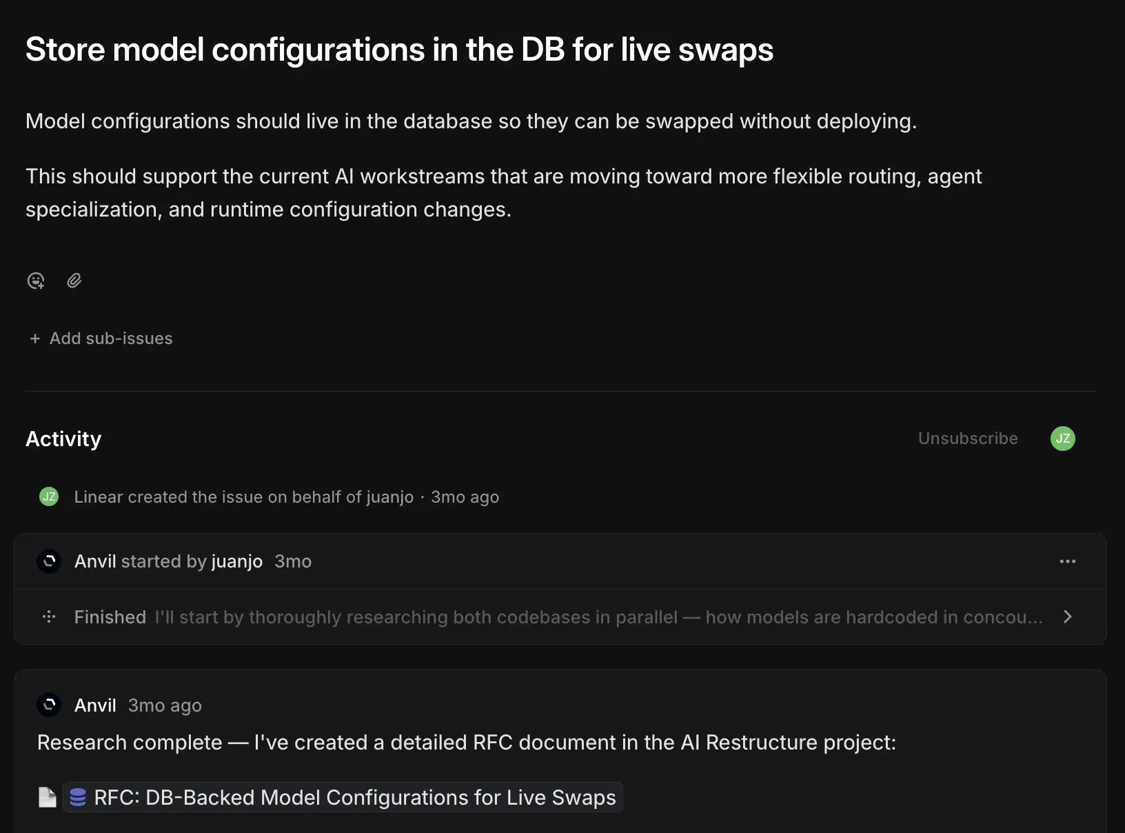 A Linear issue "Store model configurations in the DB for live swaps" where Anvil delivered an RFC document.