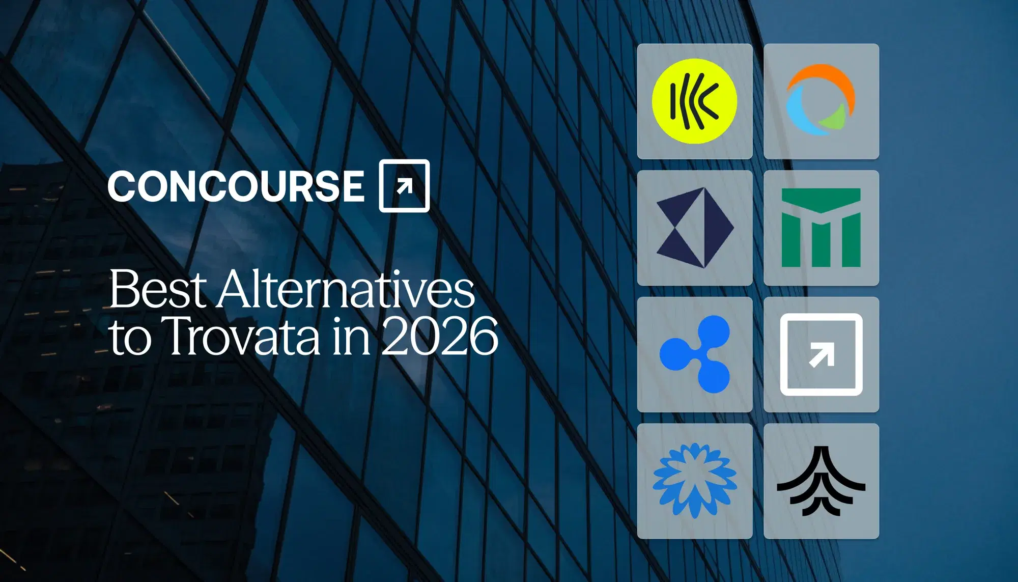 Concourse "Best Alternatives to Trovata in 2026" cover: the Concourse wordmark and title beside a grid of eight treasury platform logos over a dark glass building facade.